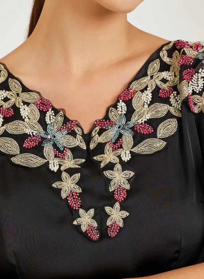 Styli  Black Embellished Cape Sleeve Sheath Maxi Dress for Women | Best Price UAE